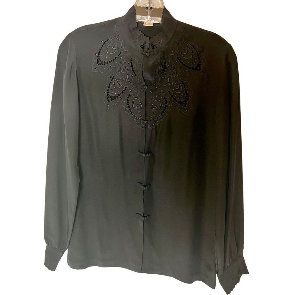 Vtg Garfinckel’s Black Cut Out Decor Frog Closure Blouse sz 10 See Measurements - Picture 2 of 11